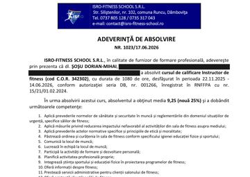 Adeverința de absolvire a cursului de calificare Instructor de fitness