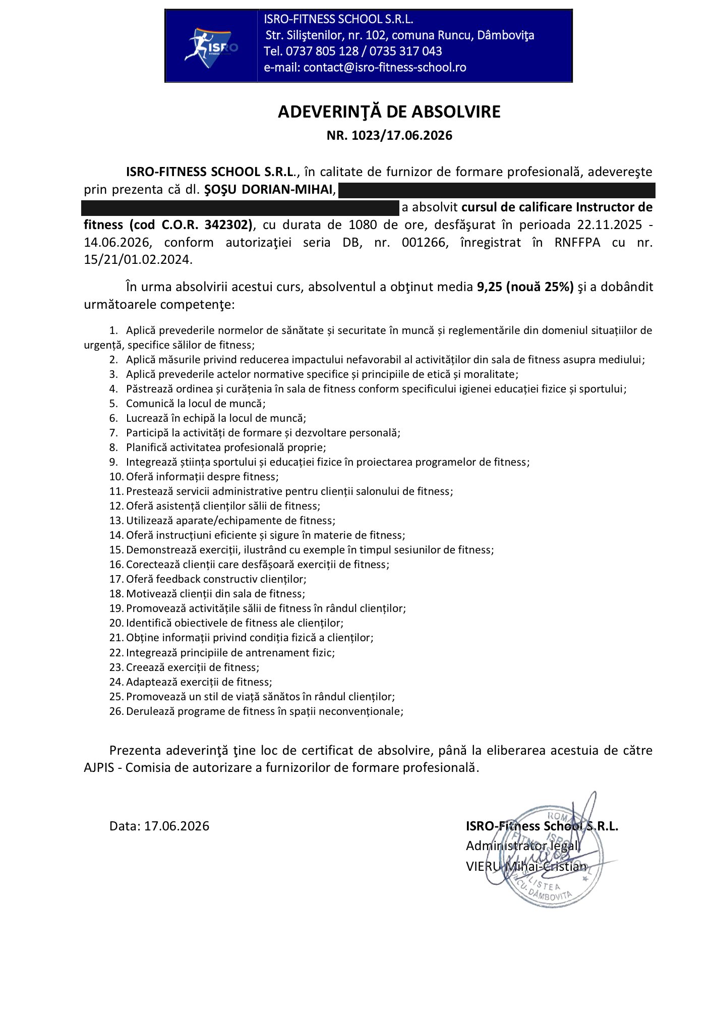 Adeverința de absolvire a cursului de calificare Instructor de fitness, emisă de ISRO-Fitness School pentru Șoșu Dorian-Mihai